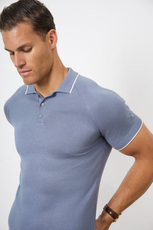 Tipped Knitted Polo Shirt in Airforce Blue - TAILORED ATHLETE - ROW