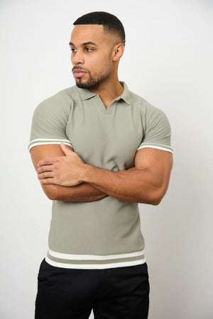 Tipped Textured Open Collar Polo Shirt in Soft Khaki - TAILORED ATHLETE - ROW