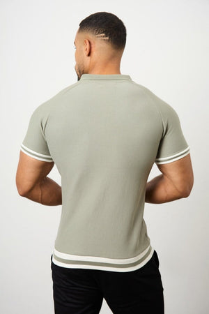 Tipped Textured Open Collar Polo Shirt in Soft Khaki - TAILORED ATHLETE - ROW