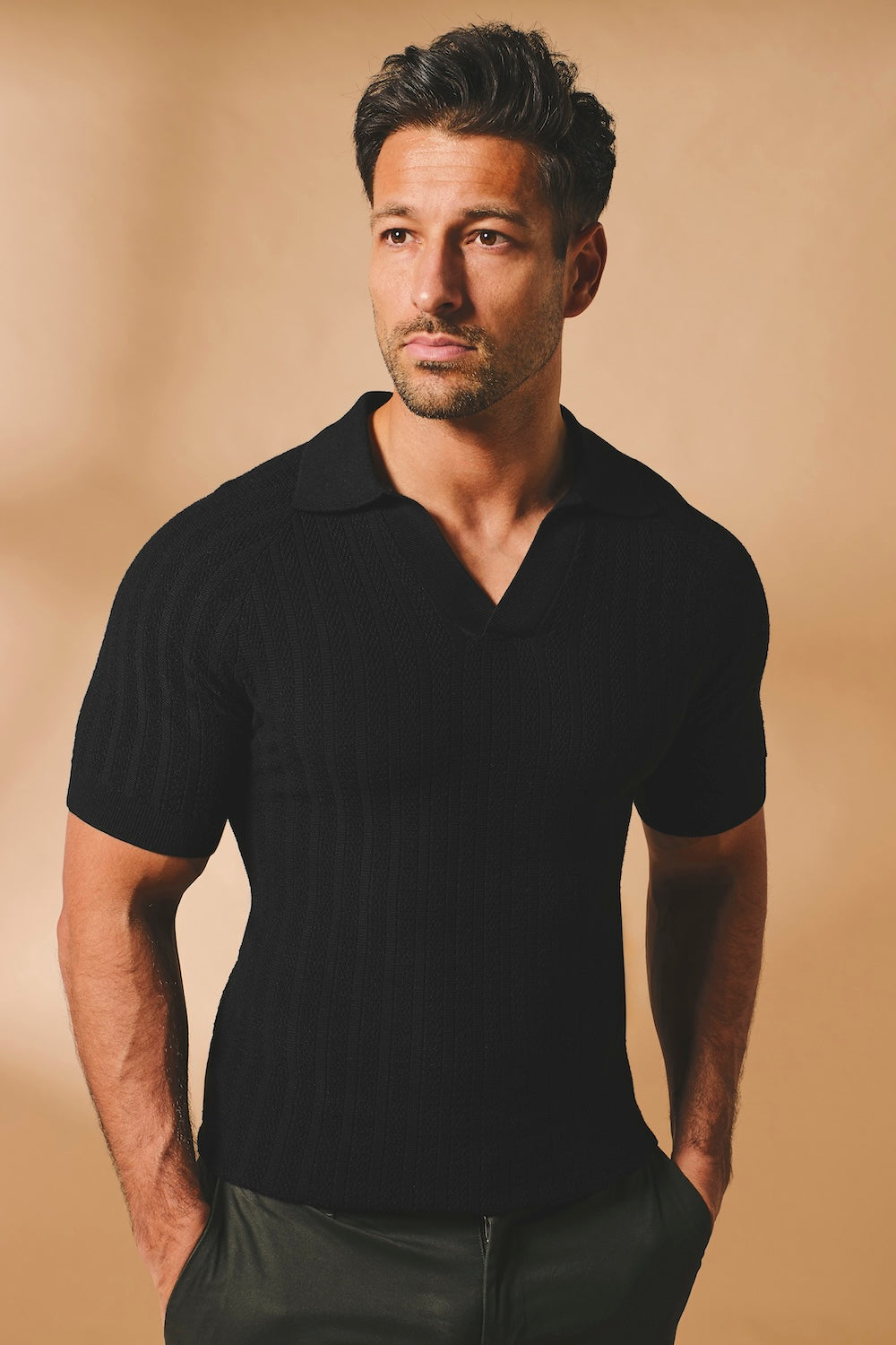Vertical Stripe Knitted Open Collar Polo Shirt in Black