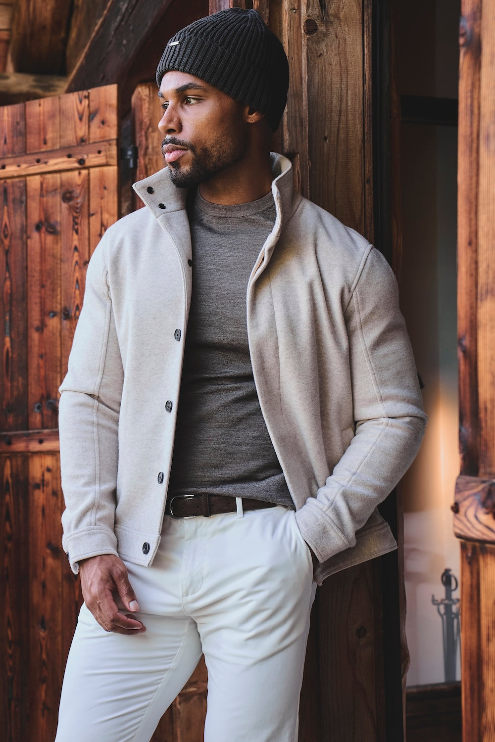 Funnel Neck Short Jacket in Stone