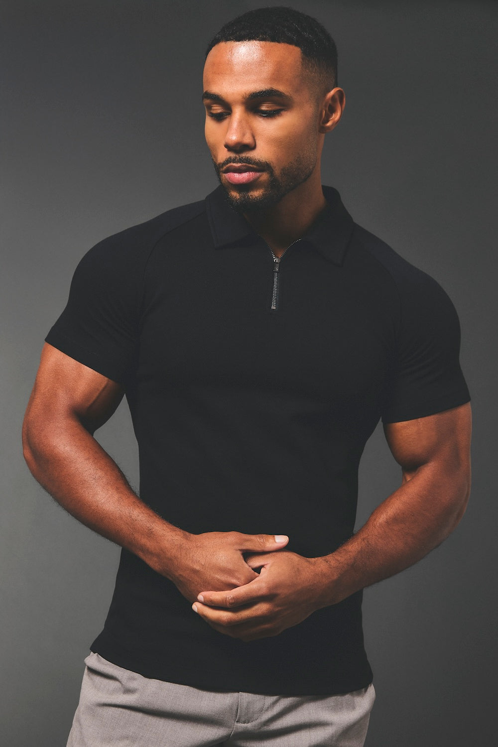 Zip Neck Polo Shirt in Black