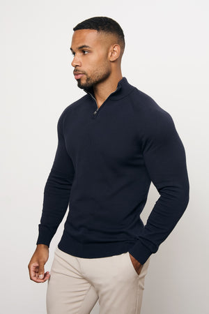 Pure Cotton Knitted Half Zip Neck Jumper in Navy