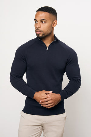 Pure Cotton Knitted Half Zip Neck Jumper in Navy