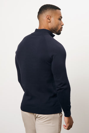 Pure Cotton Knitted Half Zip Neck Jumper in Navy