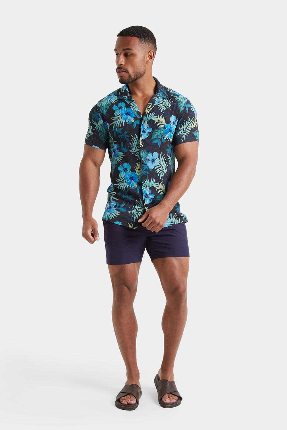 Printed Shirt in Navy Tropical Palms - TAILORED ATHLETE - ROW