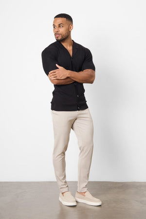 Jacquard Revere Collar Knitted Shirt in Black - TAILORED ATHLETE - ROW