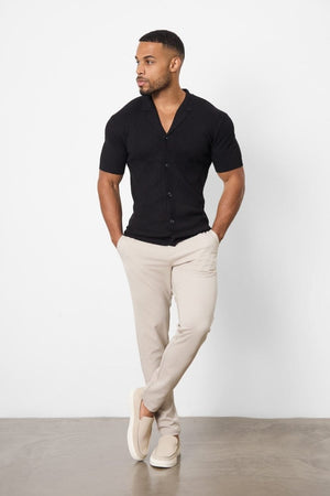 Jacquard Revere Collar Knitted Shirt in Black - TAILORED ATHLETE - ROW