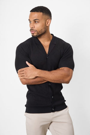 Jacquard Revere Collar Knitted Shirt in Black - TAILORED ATHLETE - ROW