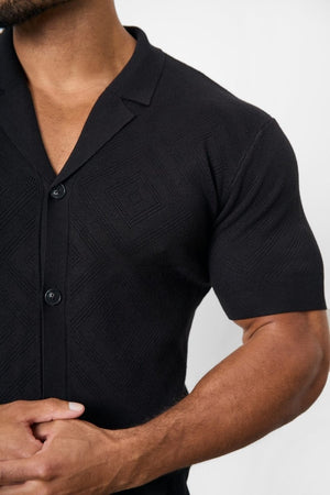 Jacquard Revere Collar Knitted Shirt in Black - TAILORED ATHLETE - ROW
