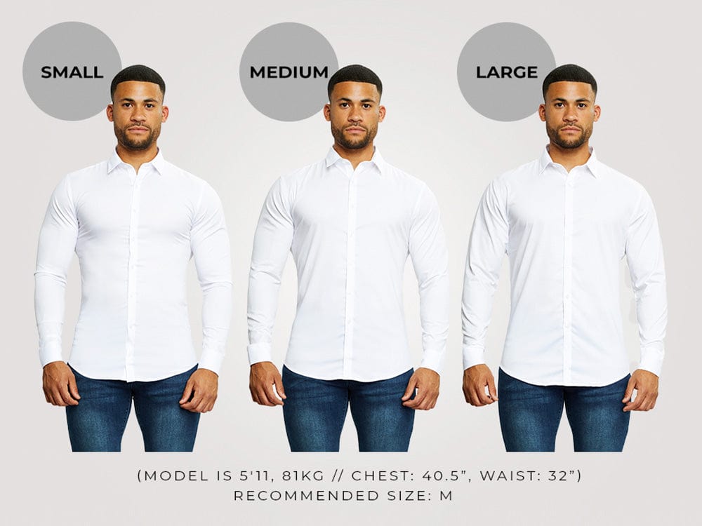 Infographic showing muscle-fit sizing guide to ensure a perfect fit for athletic body types