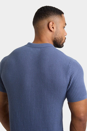 Textured Open Collar Knit Polo in Slate Blue - TAILORED ATHLETE - ROW