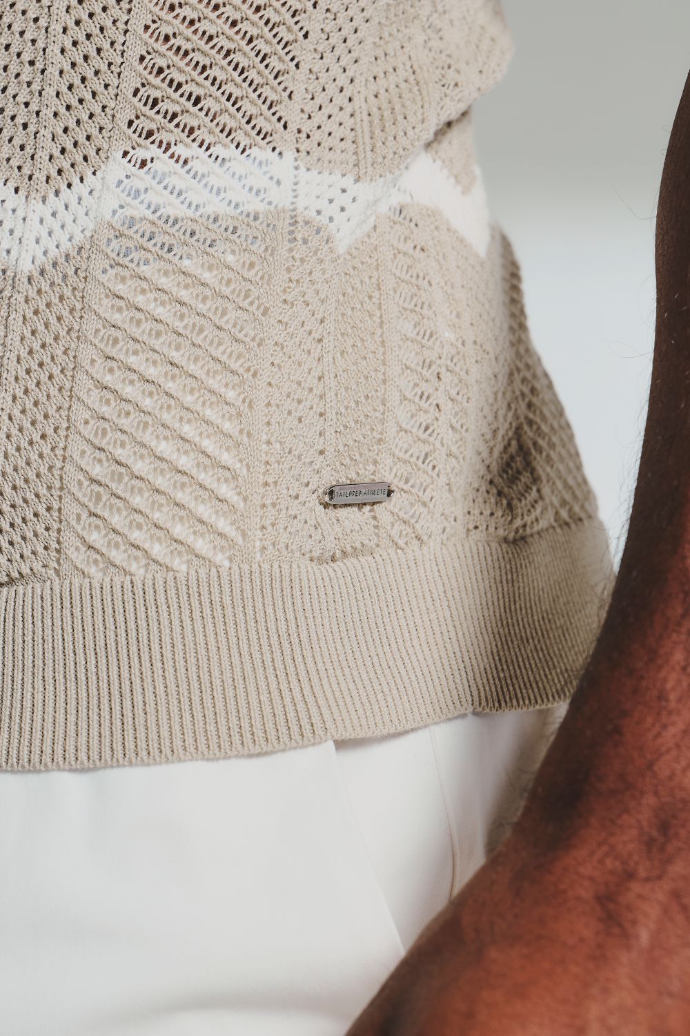 Chevron Textured Knitted Zip Neck Polo Shirt in Stone and Chalk