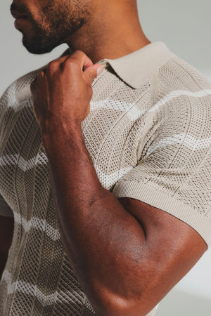 Chevron Textured Knitted Zip Neck Polo Shirt in Stone and Chalk