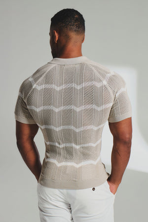 Chevron Textured Knitted Zip Neck Polo Shirt in Stone and Chalk