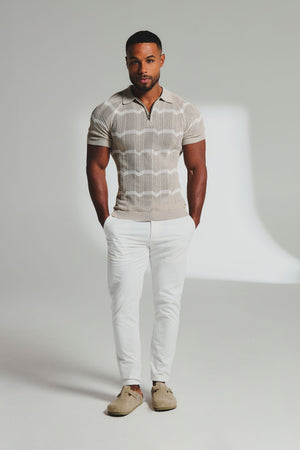 Chevron Textured Knitted Zip Neck Polo Shirt in Stone and Chalk