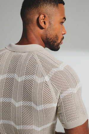 Chevron Textured Knitted Zip Neck Polo Shirt in Stone and Chalk