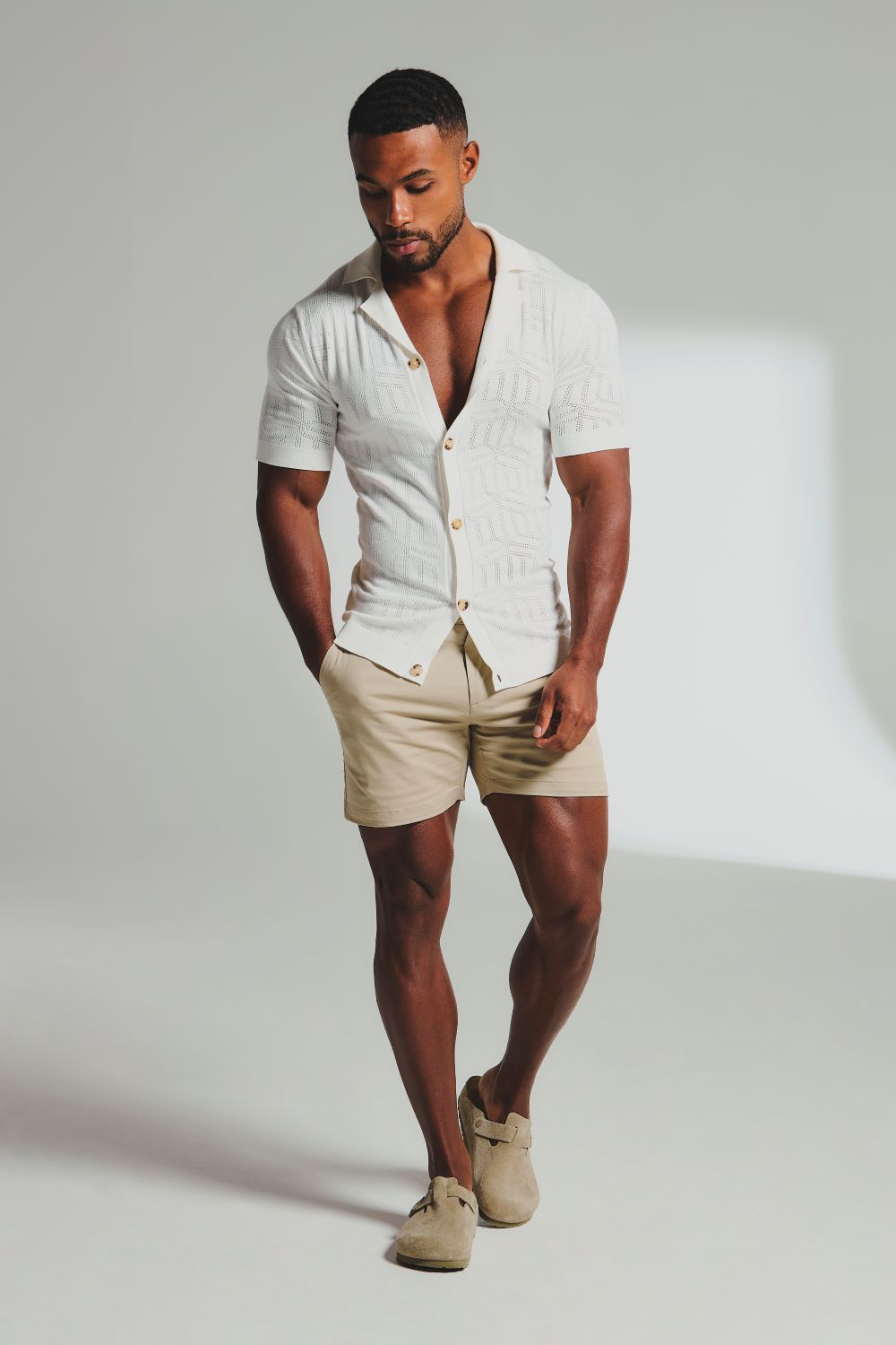 Geo Jacquard Revere Collar Knitted Shirt in White
