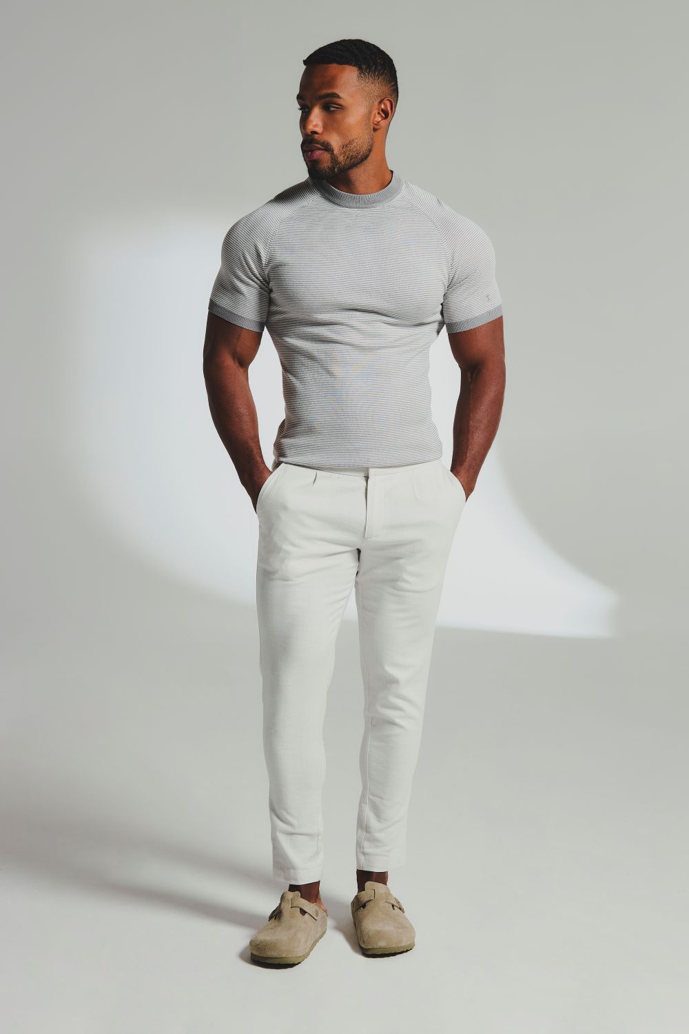 Stripe Knitted T-Shirt in Grey and Off-White