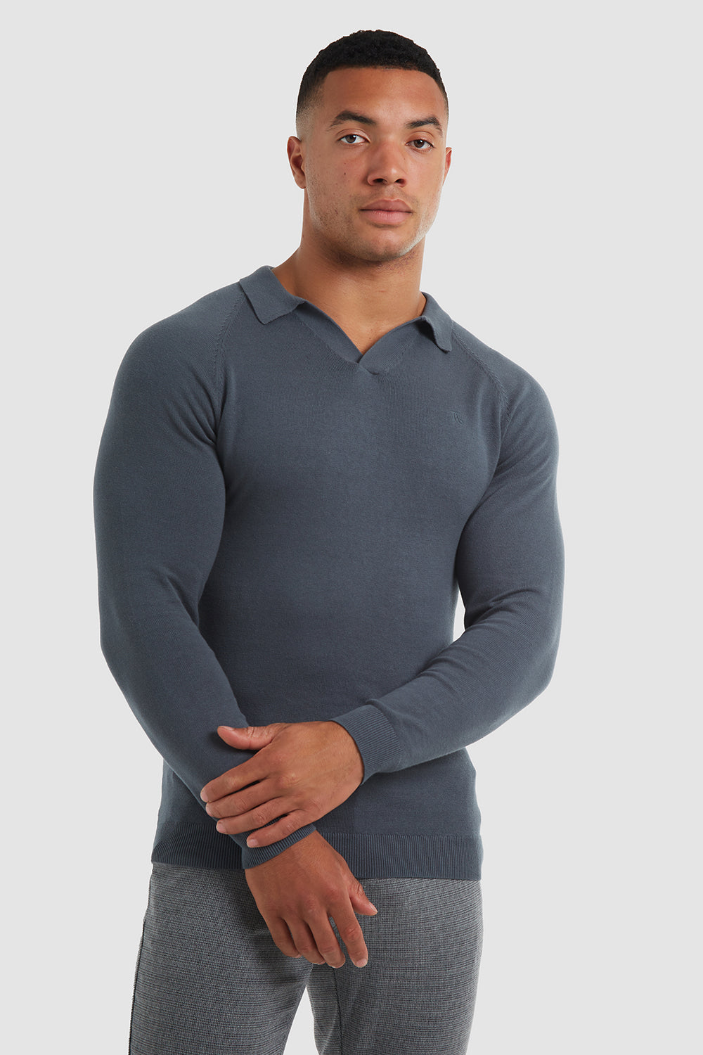 Buttonless Open Collar Polo (LS) in Petrol - TAILORED ATHLETE - ROW