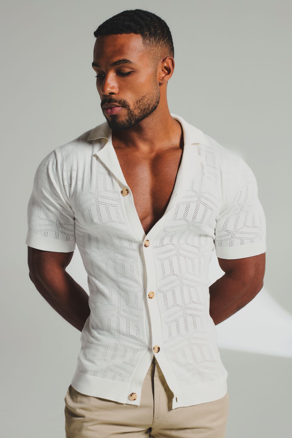 Geo Jacquard Revere Collar Knitted Shirt in White