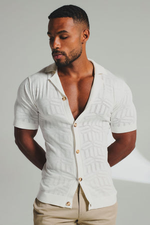Geo Jacquard Revere Collar Knitted Shirt in White