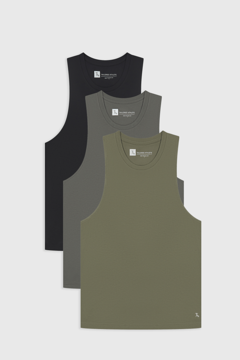3 Pack Essential Training Vest in Black/ Khaki/ Charcoal - TAILORED ATHLETE - ROW