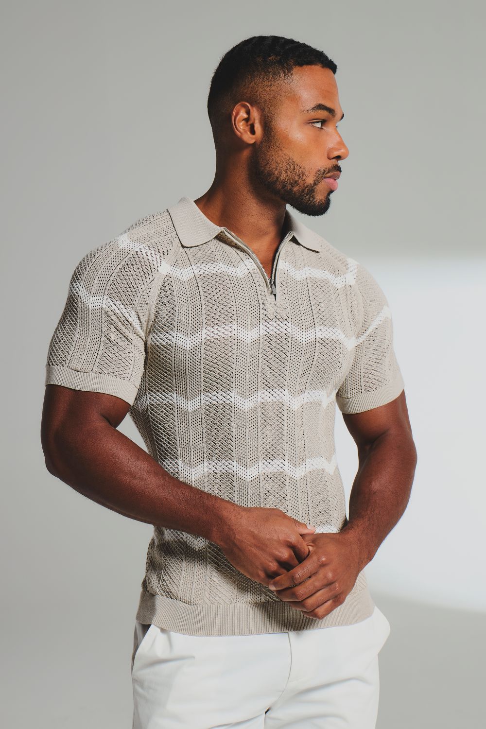 Chevron Textured Knitted Zip Neck Polo Shirt in Stone and Chalk