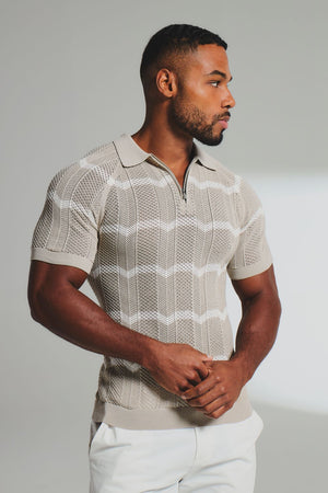 Chevron Textured Knitted Zip Neck Polo Shirt in Stone and Chalk