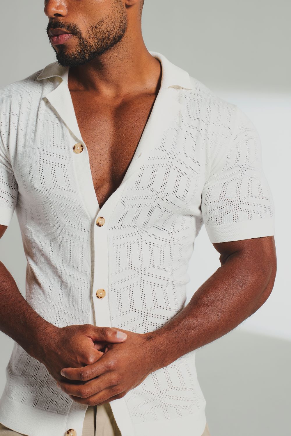 Geo Jacquard Revere Collar Knitted Shirt in White