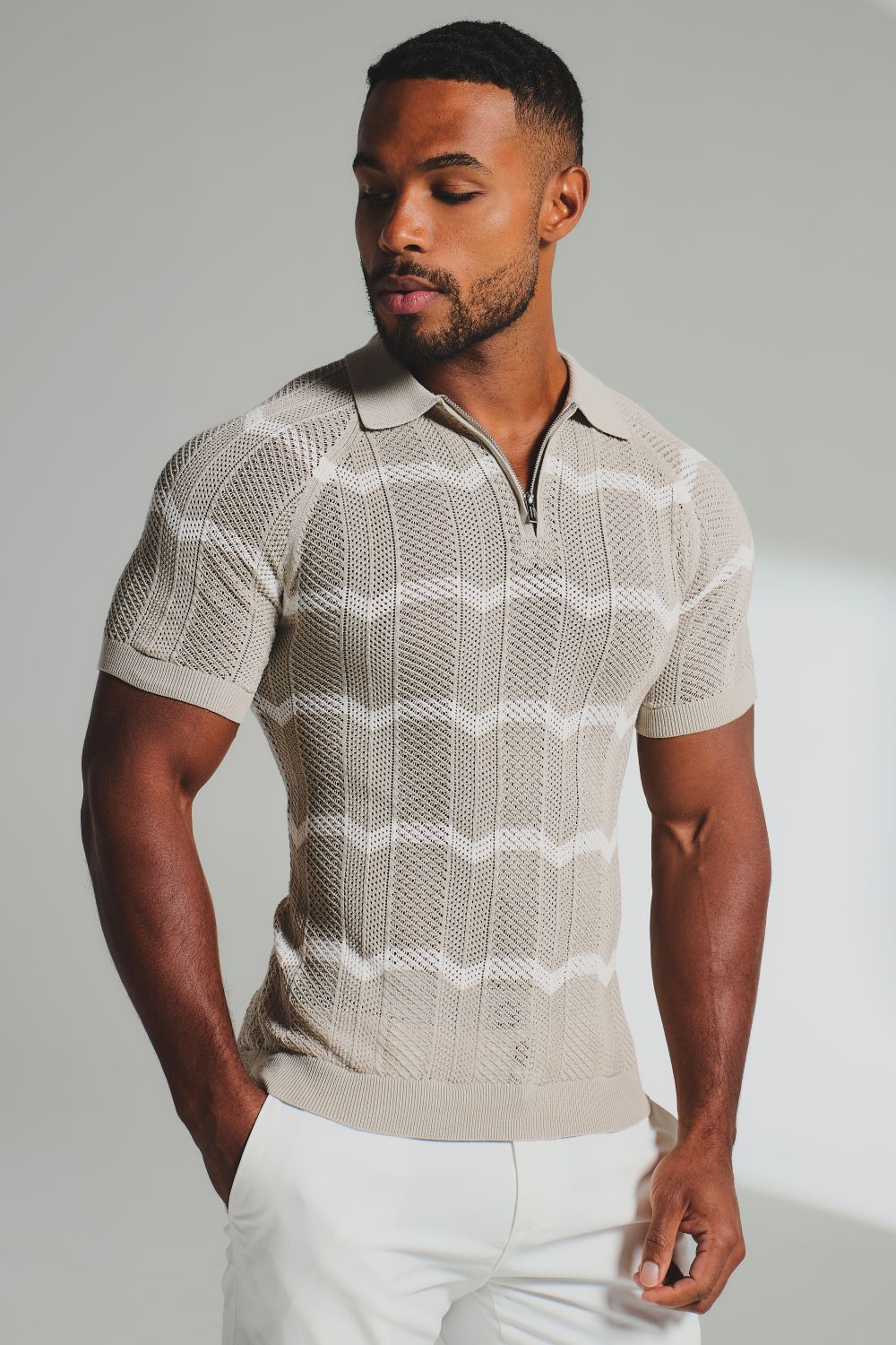 Chevron Textured Knitted Zip Neck Polo Shirt in Stone and Chalk