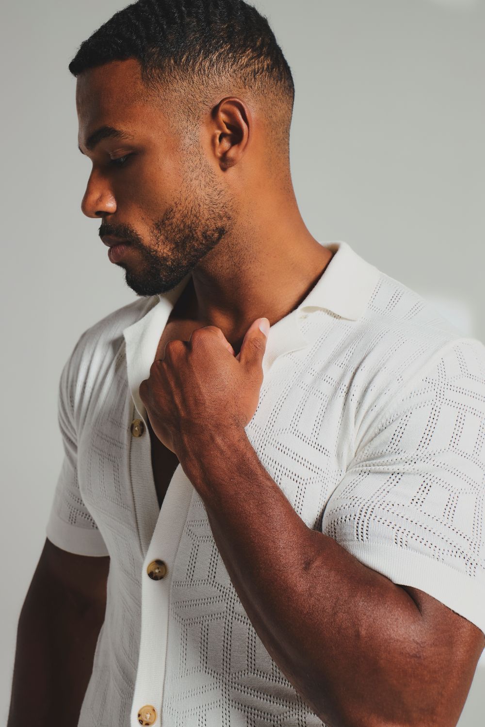 Geo Jacquard Revere Collar Knitted Shirt in White