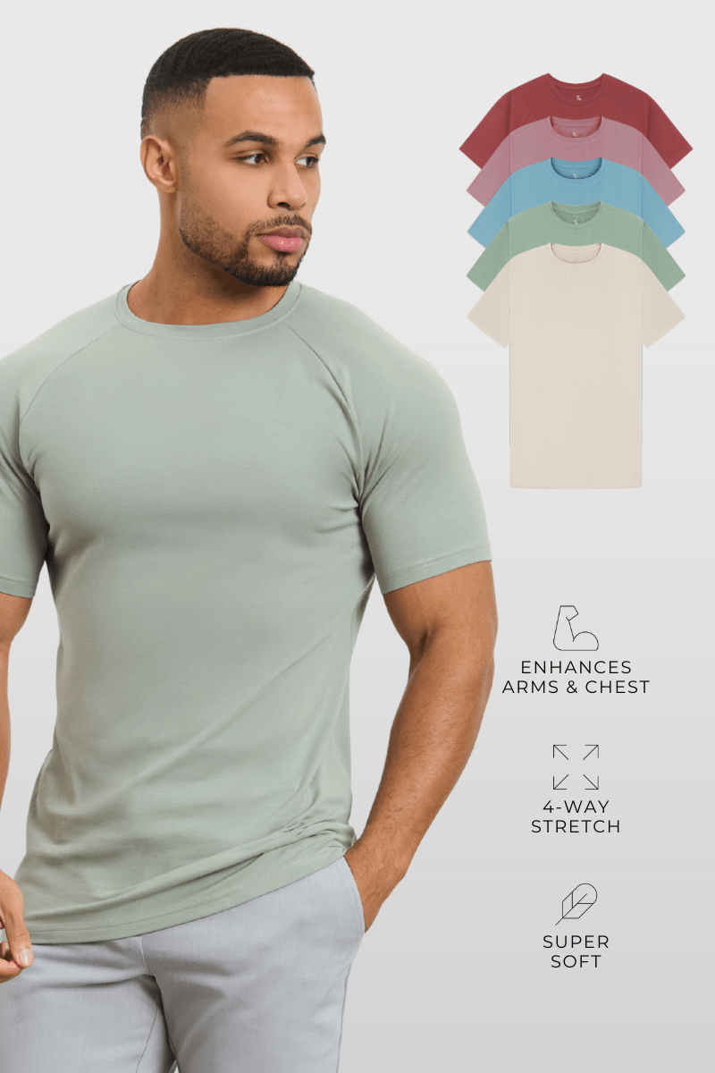 5 Pack Muscle Fit Crew Neck T-Shirt in Faded Terracotta/ Dusty Lilac/ Blue/ Sage/ Sand