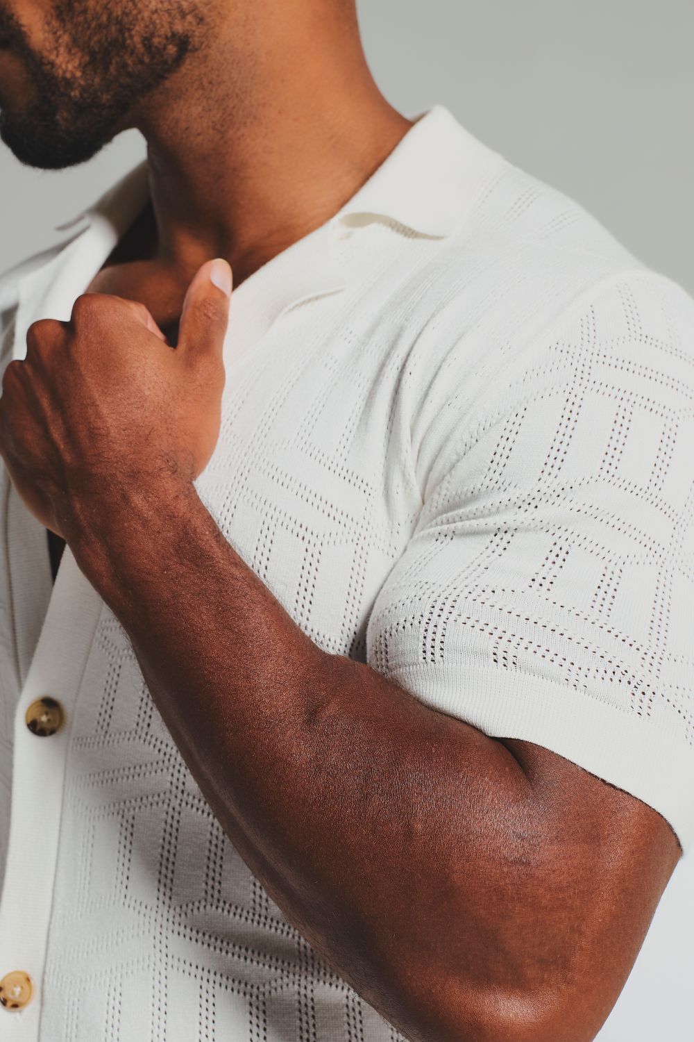 Geo Jacquard Revere Collar Knitted Shirt in White