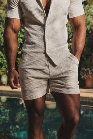Textured Geo Jersey Shorts in Stone & White
