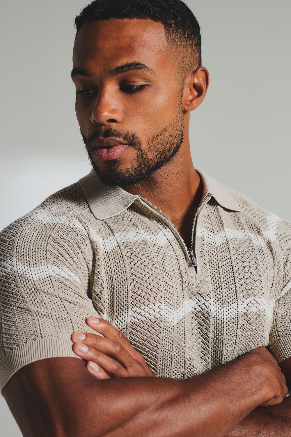 Chevron Textured Knitted Zip Neck Polo Shirt in Stone and Chalk