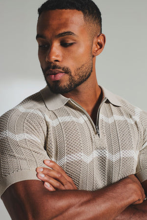Chevron Textured Knitted Zip Neck Polo Shirt in Stone and Chalk