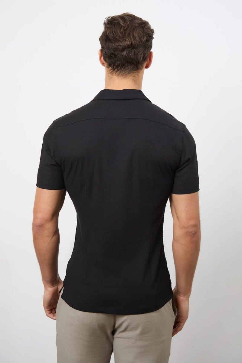 Linen Blend Cuban Collar Shirt in Black - TAILORED ATHLETE - ROW