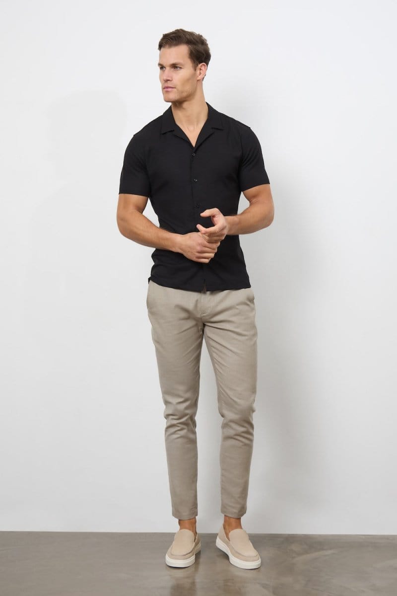 Linen Blend Cuban Collar Shirt in Black - TAILORED ATHLETE - ROW
