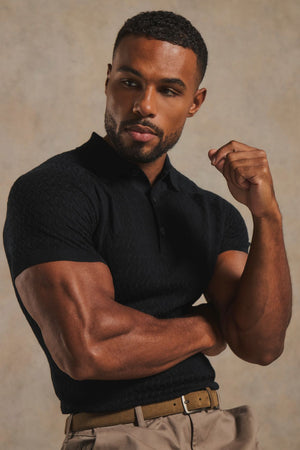 Mercerised Cotton Textured Knitted Polo Shirt in Black