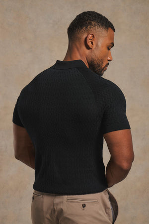 Mercerised Cotton Textured Knitted Polo Shirt in Black