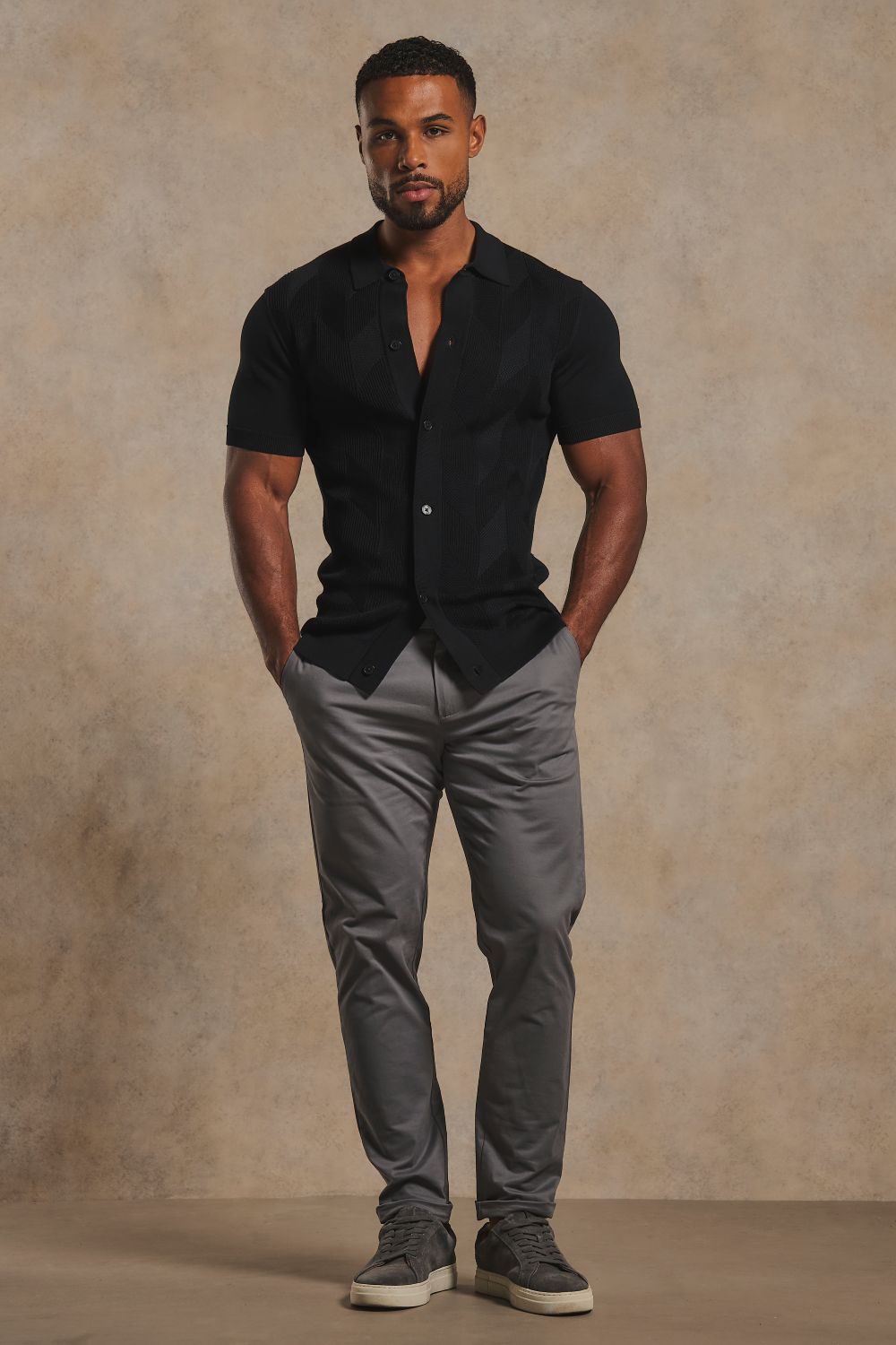 Mercerised Cotton Textured Knitted Shirt in Black