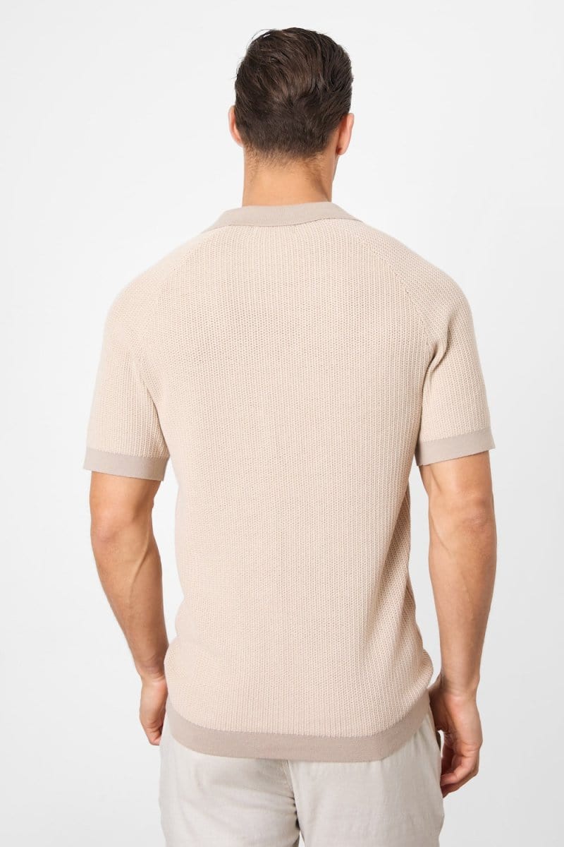 Contrast Textured Knitted Polo Shirt in Stone - TAILORED ATHLETE - ROW