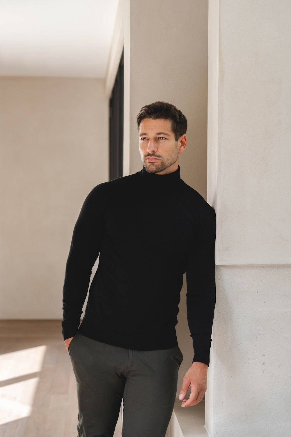 Cotton Blend Roll Neck Jumper in Black