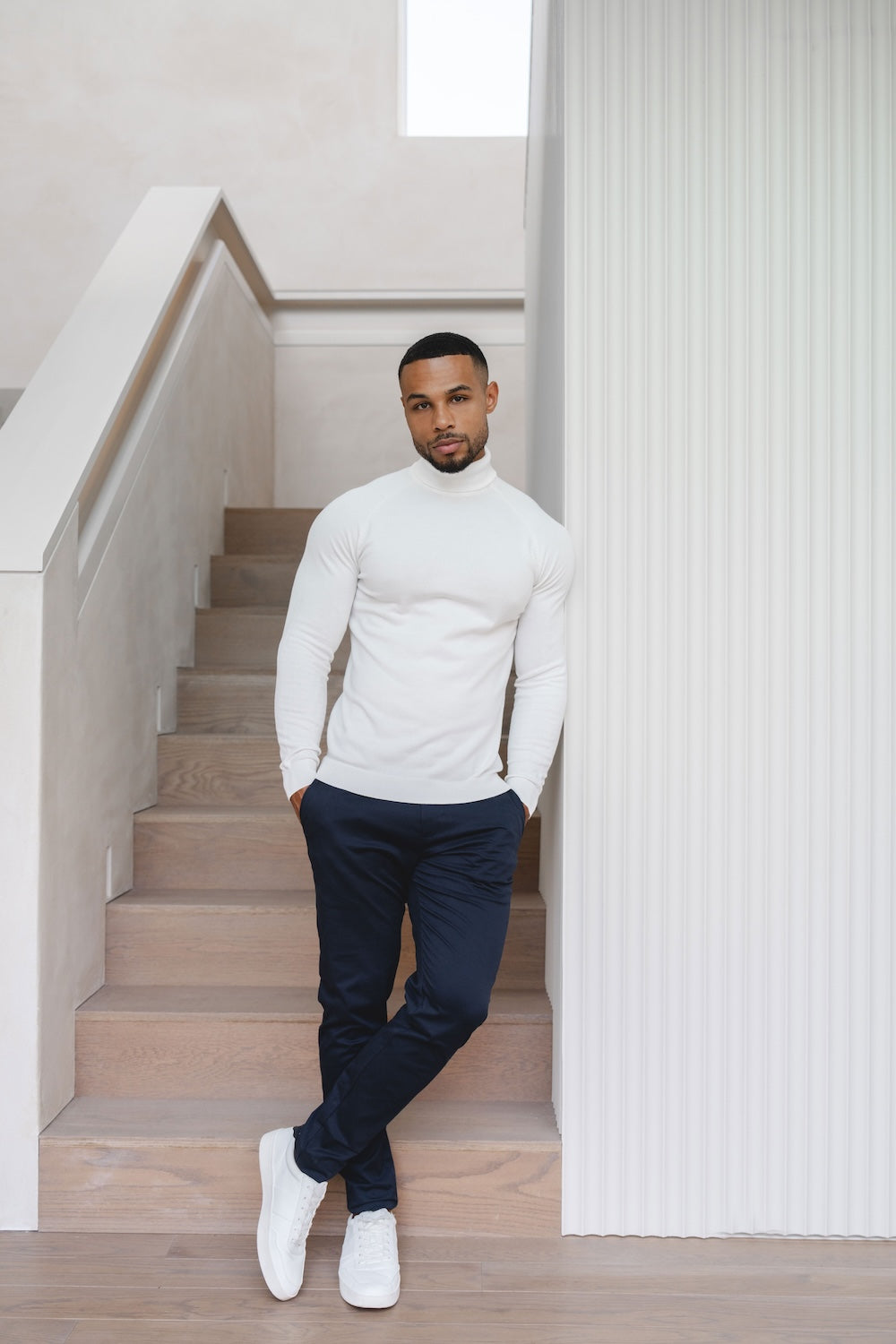Cotton Blend Roll Neck Jumper in Winter White