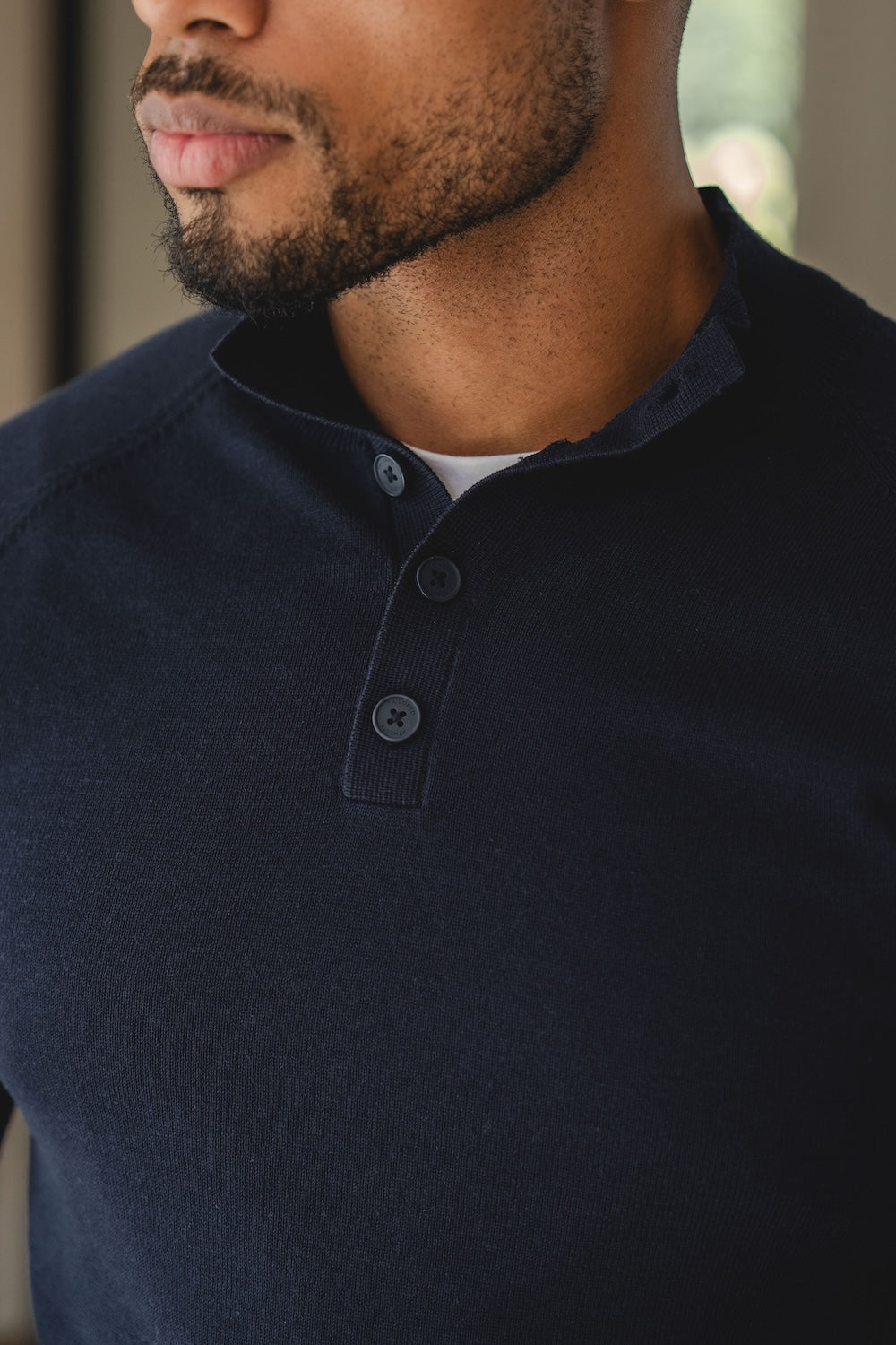 Pure Cotton Knitted Button Neck Jumper in Navy