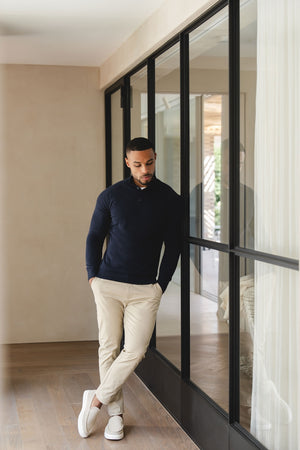 Pure Cotton Knitted Button Neck Jumper in Navy