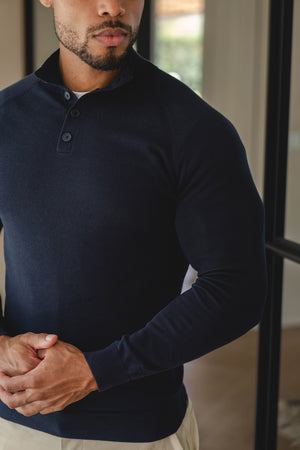 Pure Cotton Knitted Button Neck Jumper in Navy