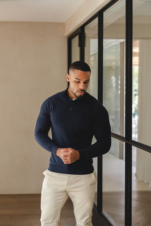 Pure Cotton Knitted Button Neck Jumper in Navy