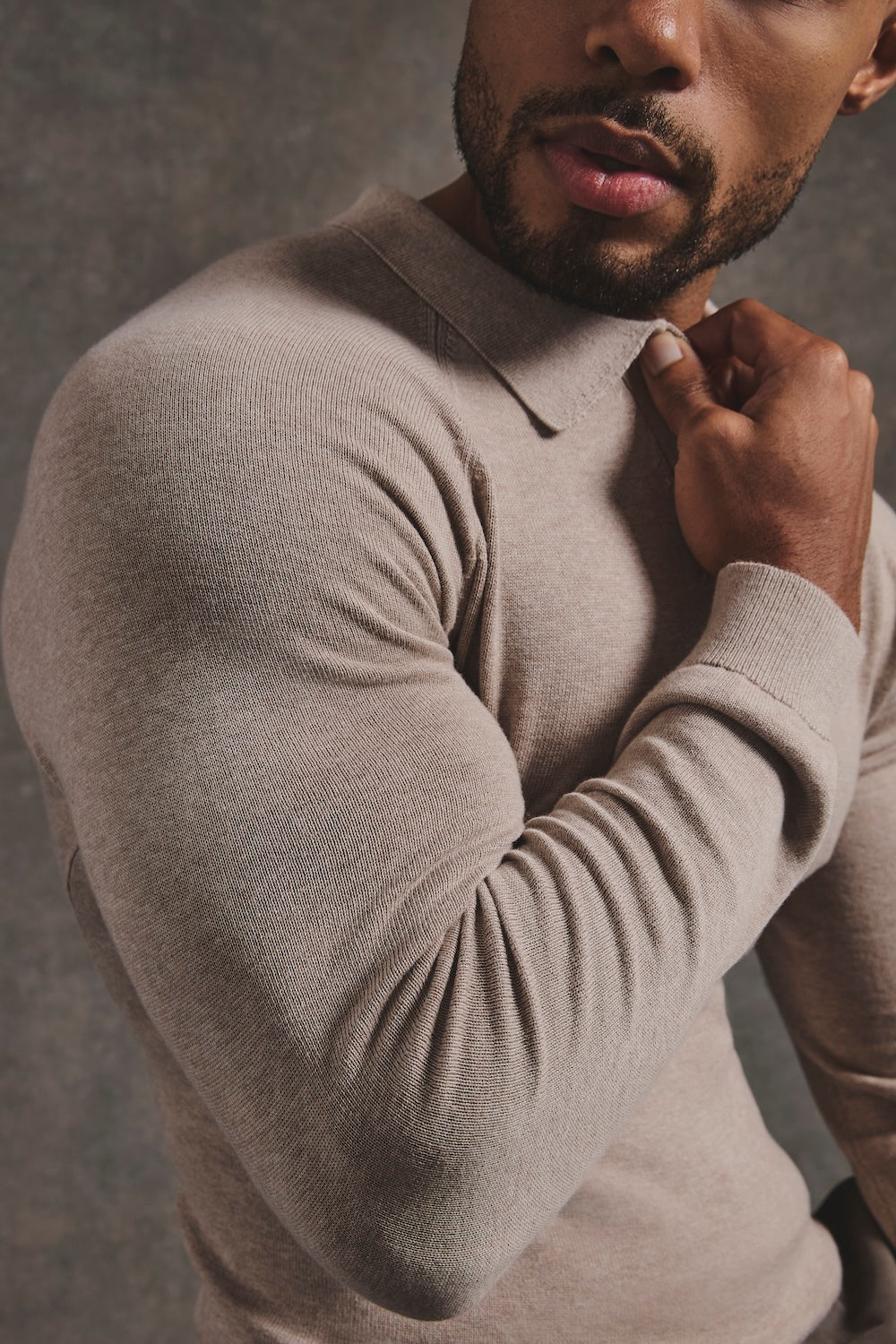 Pure Cotton Knitted Open Collar Polo Shirt in Neutral Marl